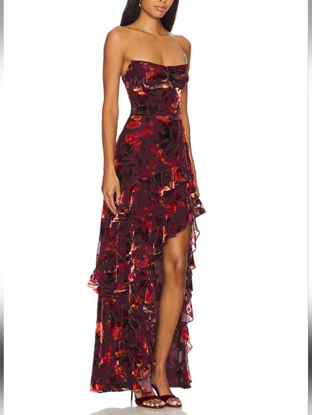 Amanda Uprichard Strapless Burgundy velvet Floral Ruffle High-Low maxi sizeS EUC